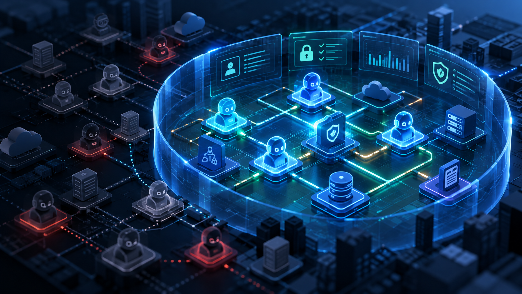 An isometric security operations scene: a ring of trusted, verified AI agents inside a glowing identity and policy perimeter — with access cards, lock, and dashboard panels — while unverified agents glow red outside it on an exposed circuit board.