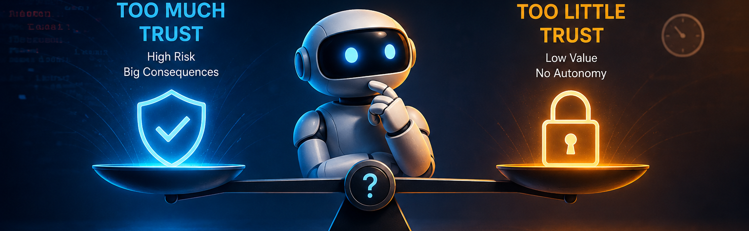 A robot balances on a scale between "too much trust" (a shield, high risk, big consequences) and "too little trust" (a lock, low value, no autonomy).
